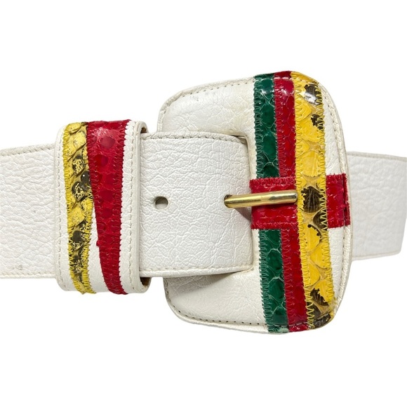 Vintage Carlos Falchi White Calfskin Leather Wide Belt w/ Snakeskin Design - Picture 2 of 9